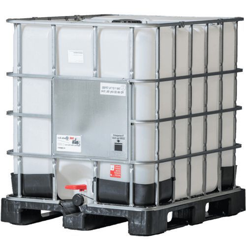 Rekonditionerad IBC 1000L med plastpall, bur och kran